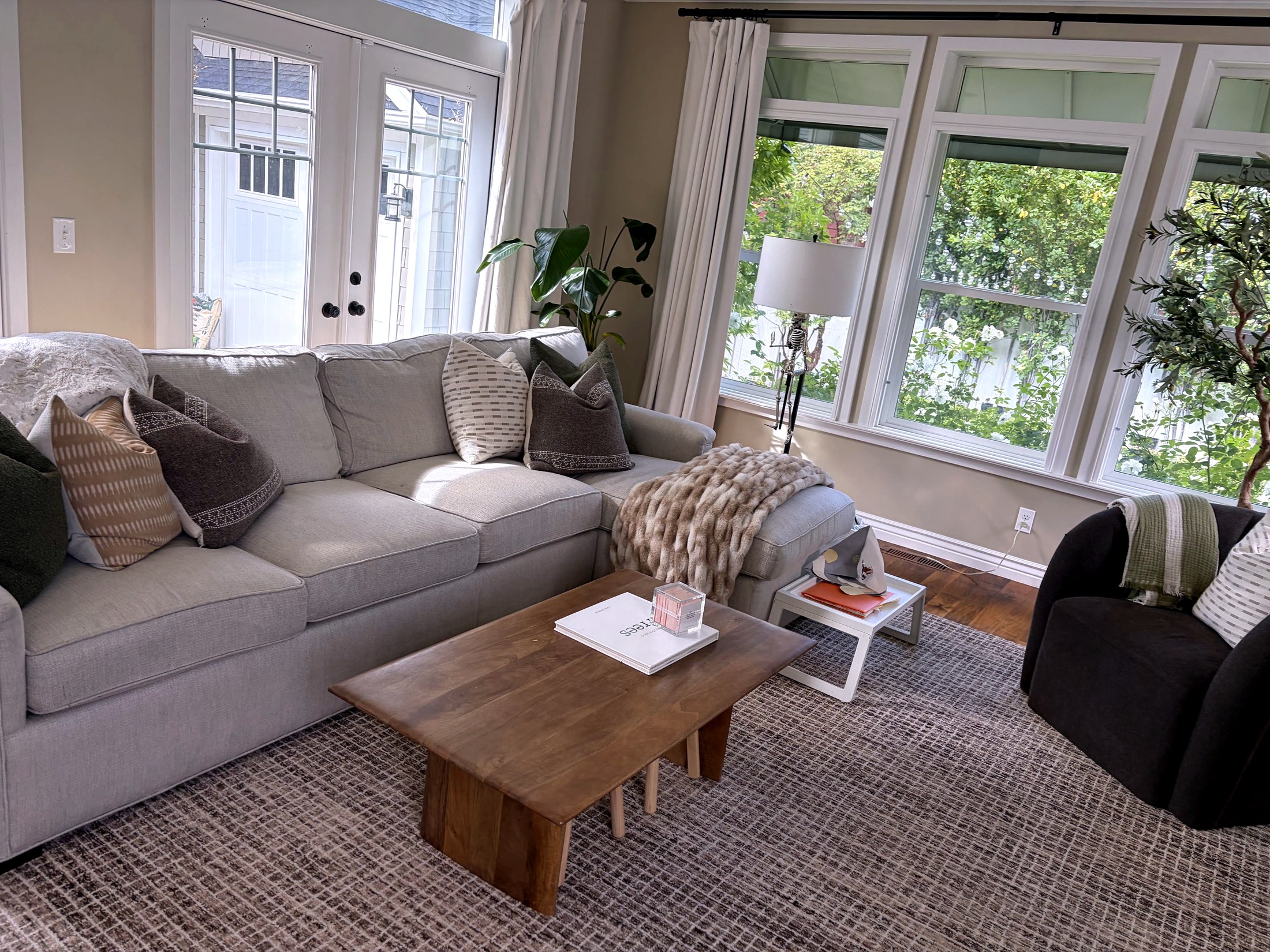 Bright mountain living room cleaned for summer dust, pollen and smoke season